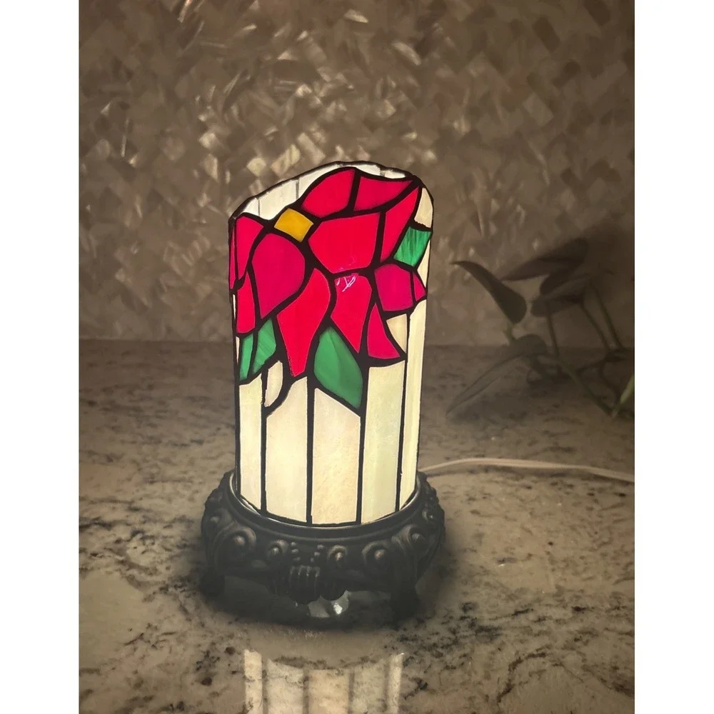 Tiffany Style Night Light Poinsettia‎ Design Christmas Ambience Read